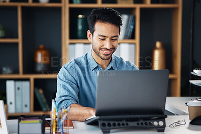 Buy stock photo Happy business man typing on laptop in office for startup management, planning and agency. Male worker, smile and computer technology for online project, website and internet research for innovation