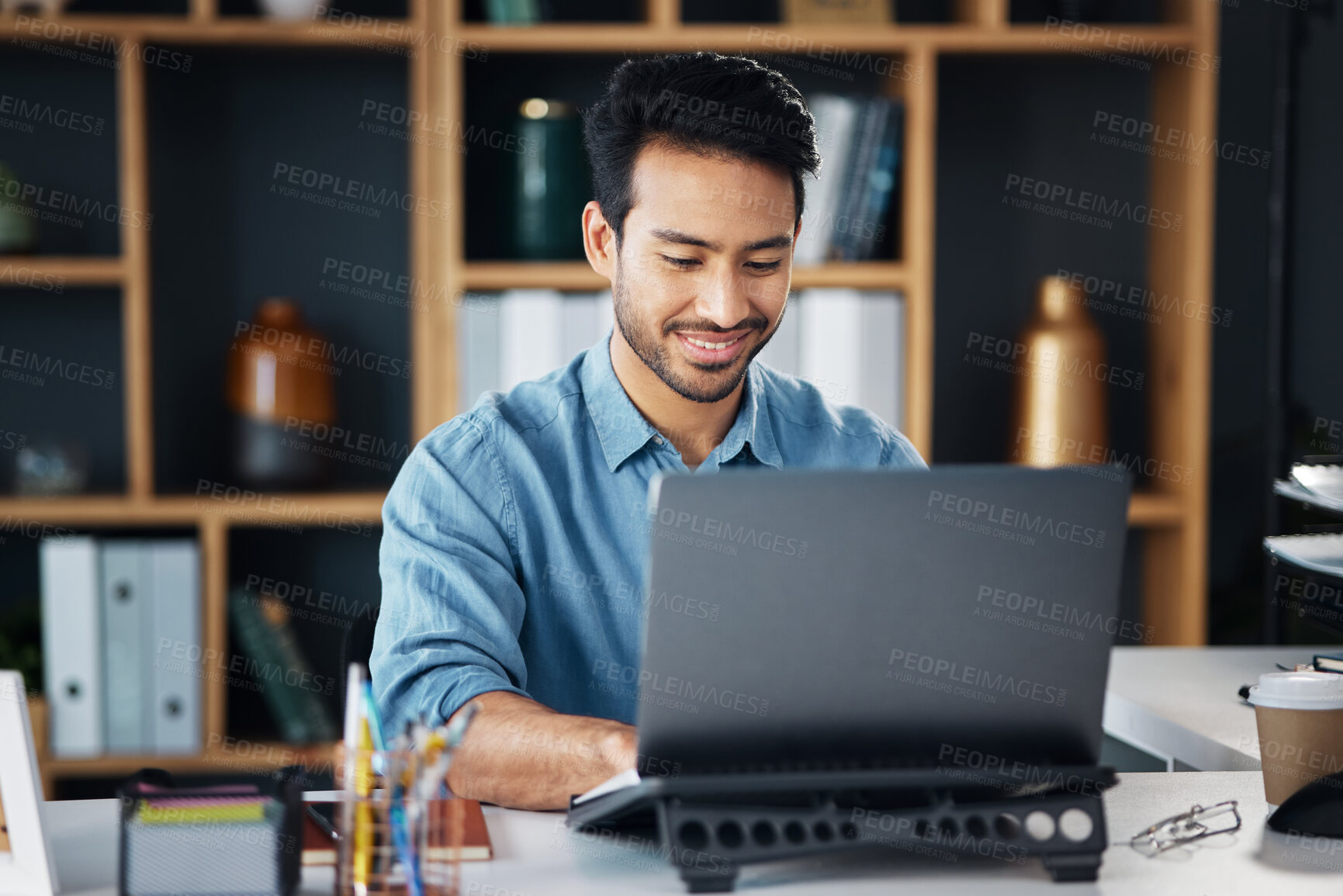 Buy stock photo Happy business man typing on laptop in office for startup management, planning and agency. Male worker, smile and computer technology for online project, website and internet research for innovation