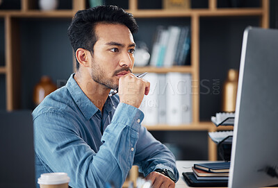 Buy stock photo Serious, business man and thinking on computer at desk, internet research and analysis. Focused male employee, desktop and solution of ideas, planning decision and review strategy, mindset and vision