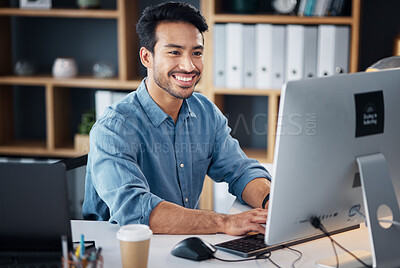 Buy stock photo Computer, typing and business man in office working online for information technology, internet or global digital company. Happy Asian person or worker on desktop pc for professional market research