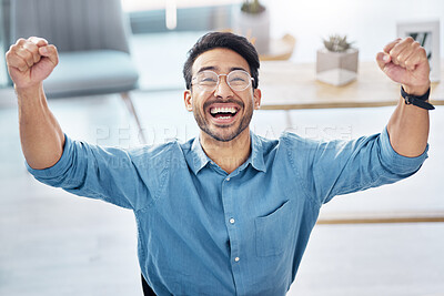 Success happy and asian businessman in office, celebrating and excited for email, review or loan approval. Hands, celebration and corporate male online winner with emoji, wow or winning gesture