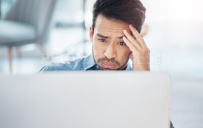 Buy stock photo Stress, computer and frustrated business man in office for difficult project, challenge and anxiety of problems. Confused male employee, desktop and headache for online mistake, 404 glitch and crisis