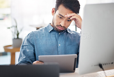 Buy stock photo Stress, tablet and bored business man in office for difficult project, challenge or burnout of brain fog. Confused male employee, digital technology and frustrated for online mistake, lazy and glitch