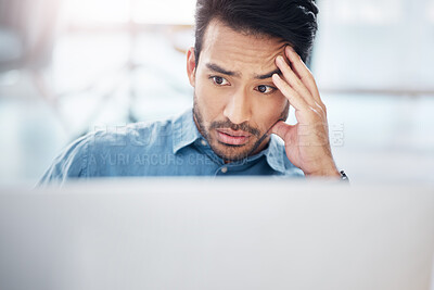 Buy stock photo Asian man, stress and tired with laptop in office for glitch, problem and anxiety for proposal, idea or burnout. Businessman, computer and thinking with frustrated face, depressed and headache at job