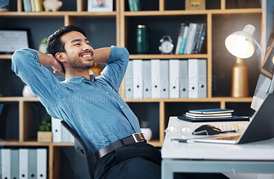 Buy stock photo Happy business man stretching to relax from easy project, complete achievement and happiness in office. Worker, smile and hands behind head to finish tasks, rest and break for productivity at desk 