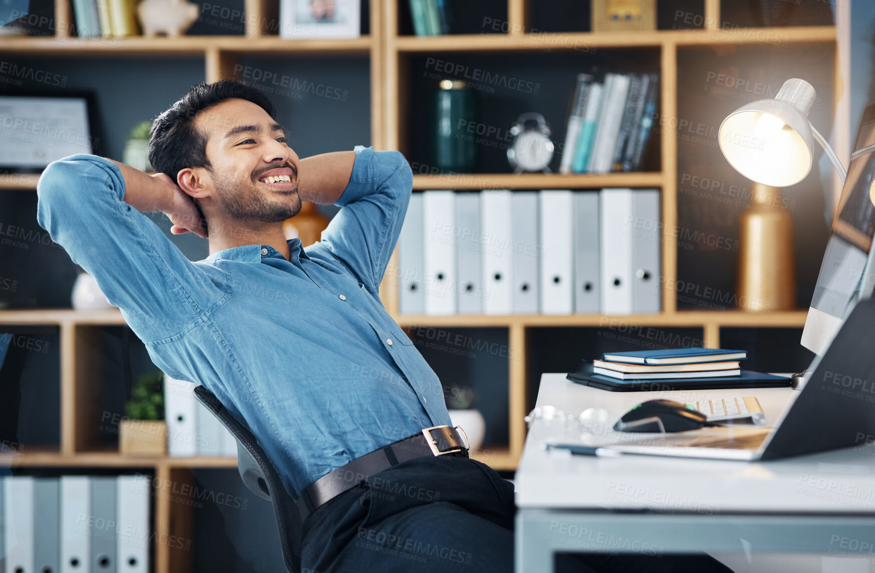 Buy stock photo Happy business man stretching to relax from easy project, complete achievement and happiness in office. Worker, smile and hands behind head to finish tasks, rest and break for productivity at desk 