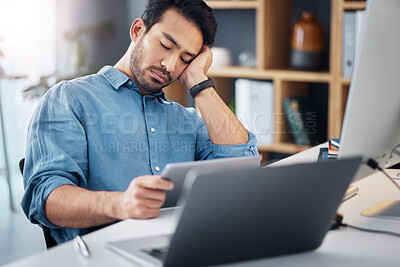 Buy stock photo Business man, tablet and sleeping at desk with burnout, stress and mental health. Fatigue, lazy and tired worker nap in office, digital technology and anxiety of depressed problem, challenge and fail
