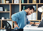 Back pain, business man and office stress of muscle injury, health risk and backache on desk chair. Uncomfortable worker, spine problem and posture of body, scoliosis and fatigue of corporate burnout