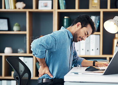 Buy stock photo Back pain, business man and office stress of muscle injury, health risk and backache on desk chair. Uncomfortable worker, spine problem and posture of body, scoliosis and fatigue of corporate burnout