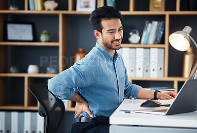 Buy stock photo Back pain, man and stress at office desk of muscle injury, health risk and backache joint on chair. Uncomfortable worker, spine problem and posture of body, scoliosis and fatigue of corporate burnout