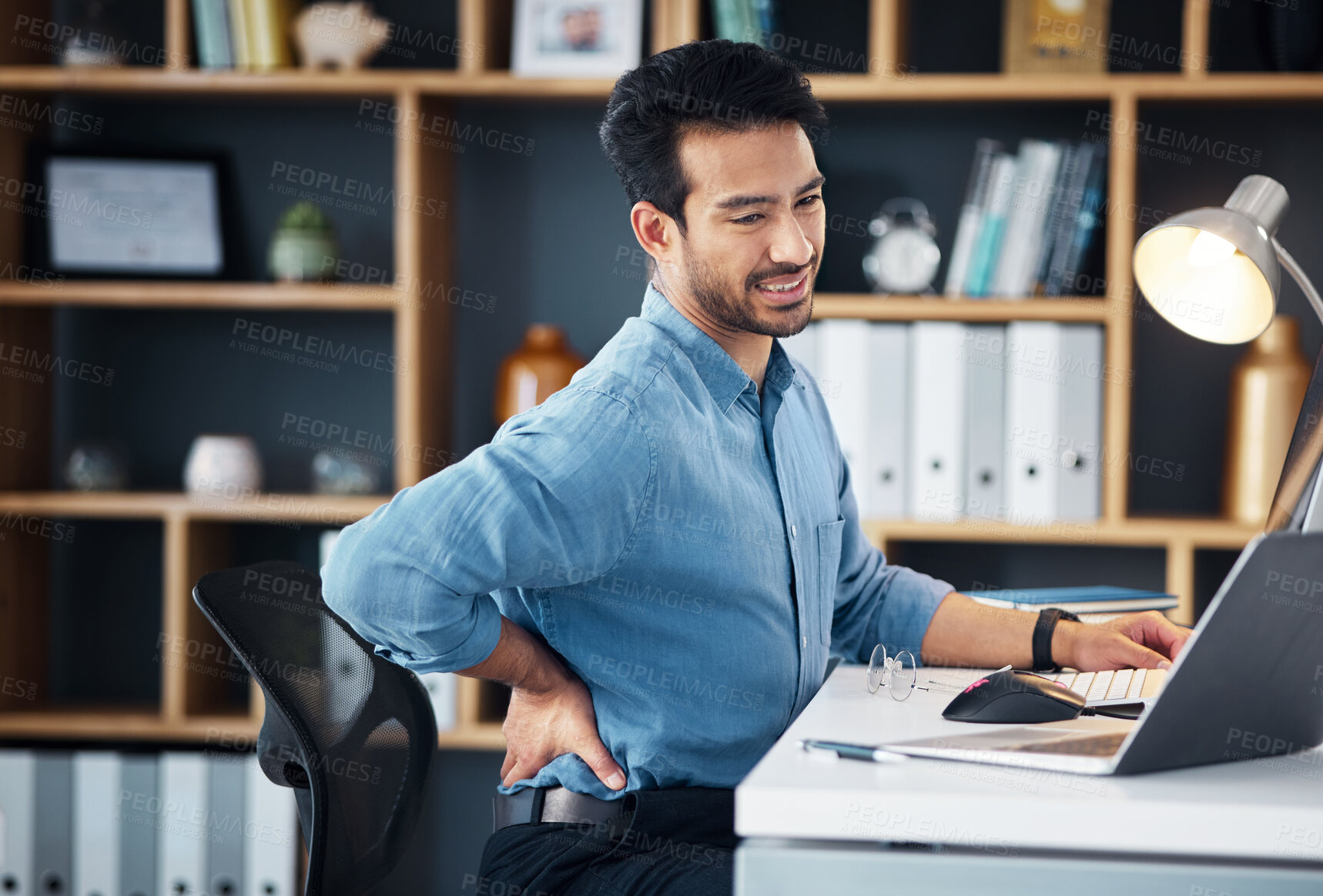 Buy stock photo Back pain, man and stress at office desk of muscle injury, health risk and backache joint on chair. Uncomfortable worker, spine problem and posture of body, scoliosis and fatigue of corporate burnout