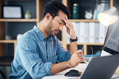Buy stock photo Burnout, headache and tired business man in anxiety, mental health problem and bankruptcy crisis. Sad, frustrated and stressed male with fatigue, depression and risk of debt, disaster and tax mistake
