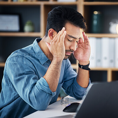 Buy stock photo Migraine, headache and tired man with career stress, depressed or mental health risk in office managment. Pain of business person with depression, burnout or anxiety in job mistake, fail or fatigue