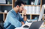 Stress, headache and tired man on computer with career burnout, anxiety or mental health risk in office. Sad business man with depression, migraine and anxiety for online job mistake, fail or fatigue