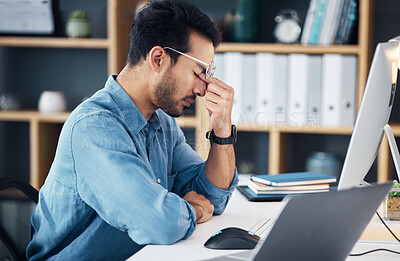 Buy stock photo Stress, headache and tired man on computer with career burnout, anxiety or mental health risk in office. Sad business man with depression, migraine and anxiety for online job mistake, fail or fatigue