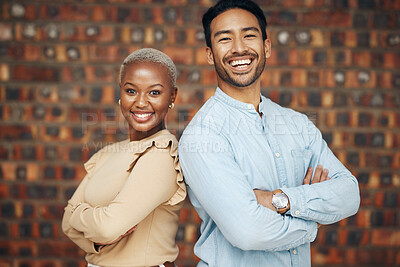 Buy stock photo Young, professional team and partnership, portrait with teamwork and friends against wall background. Happy working together, creative pair and diversity, black woman and man, collaboration and trust