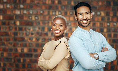 Buy stock photo Portrait, smile and business people with arms crossed in office for teamwork. Collaboration, cooperation and happy, confident and proud employees, black woman and man with pride for career diversity.