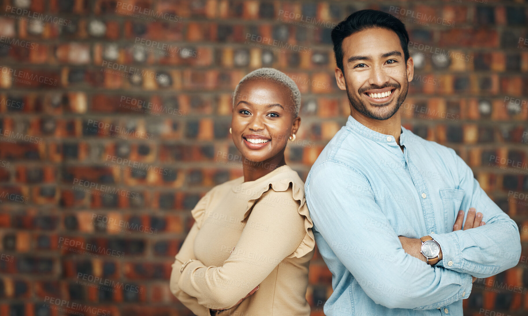 Buy stock photo Portrait, smile and business people with arms crossed in office for teamwork. Collaboration, cooperation and happy, confident and proud employees, black woman and man with pride for career diversity.