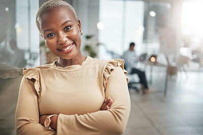 Buy stock photo Happy, business and a portrait of a black woman with arms crossed, confidence and corporate expert. Smile, pride and an African employee standing in the workplace for empowerment and happiness