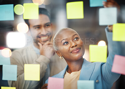 Buy stock photo Writing, planning and business people with schedule, teamwork or agenda, sticky note or innovation. Idea, partnership and black woman leader with goal, visual or problem solving, calendar or solution