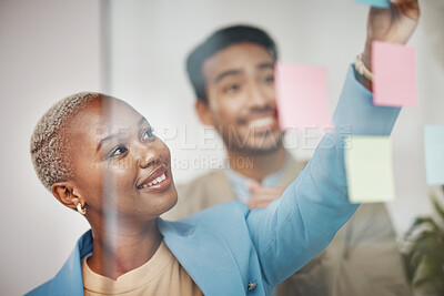 Buy stock photo Writing, thinking and business people planning schedule, strategy or agenda, sticky note or teamwork. Idea, collaboration and woman leader with goal, visual or problem solving, calendar or solution