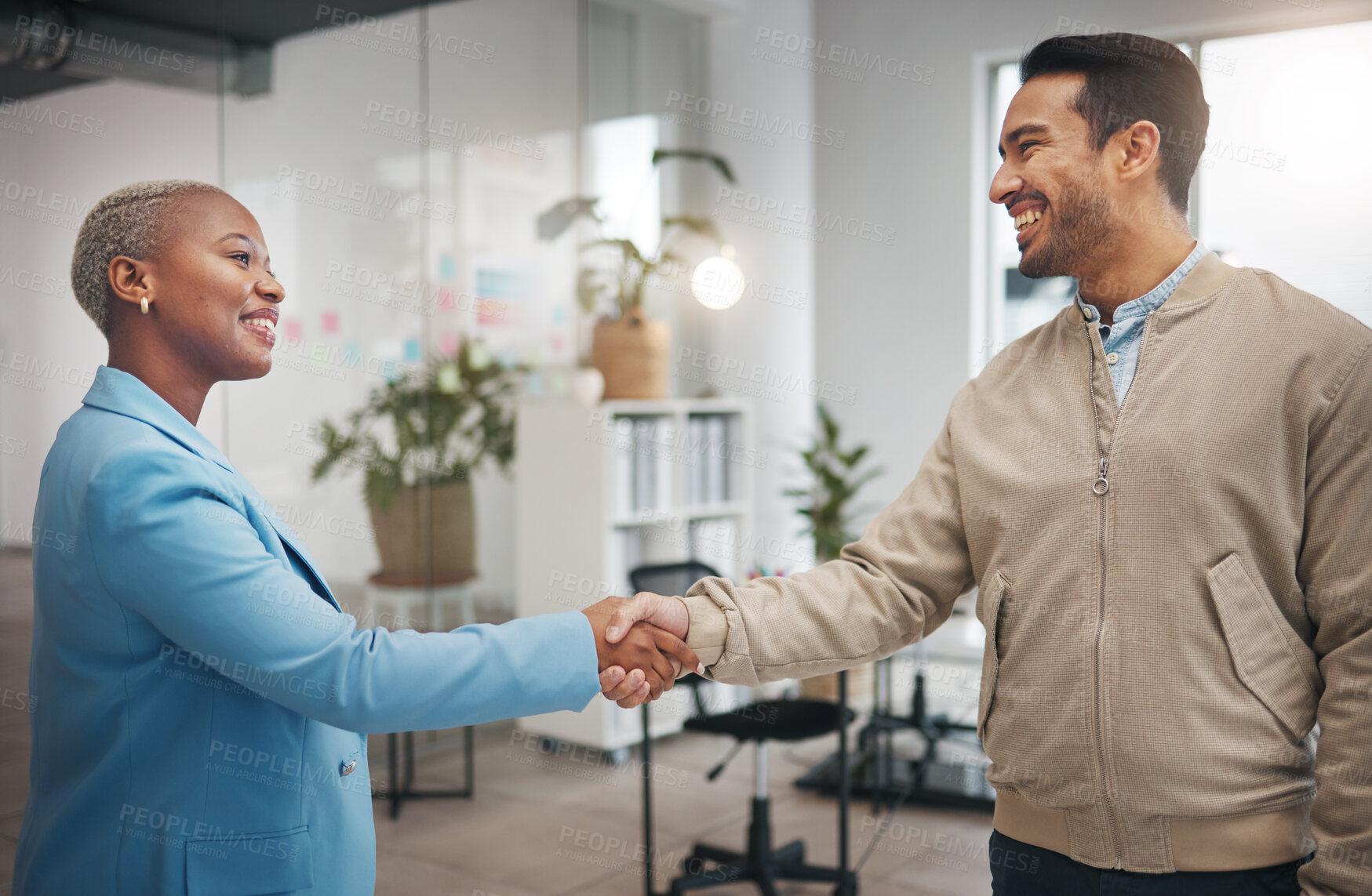 Buy stock photo Business people, handshake and partnership in collaboration for trust, unity or teamwork at the office. Businessman and woman shaking hands in meeting, b2b or agreement for greeting, welcome or deal