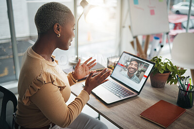 Buy stock photo Laptop, video call and a business black woman in her office, talking during a virtual meeting with a colleague. Computer, internet and webinar with a female employee chatting online to a coworker