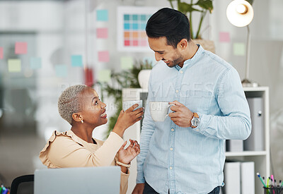 Buy stock photo Coffee, toast and teamwork with business people in office for support, lunch break and friends. Networking, communication and social with man and black woman for conversation, happy and discussion
