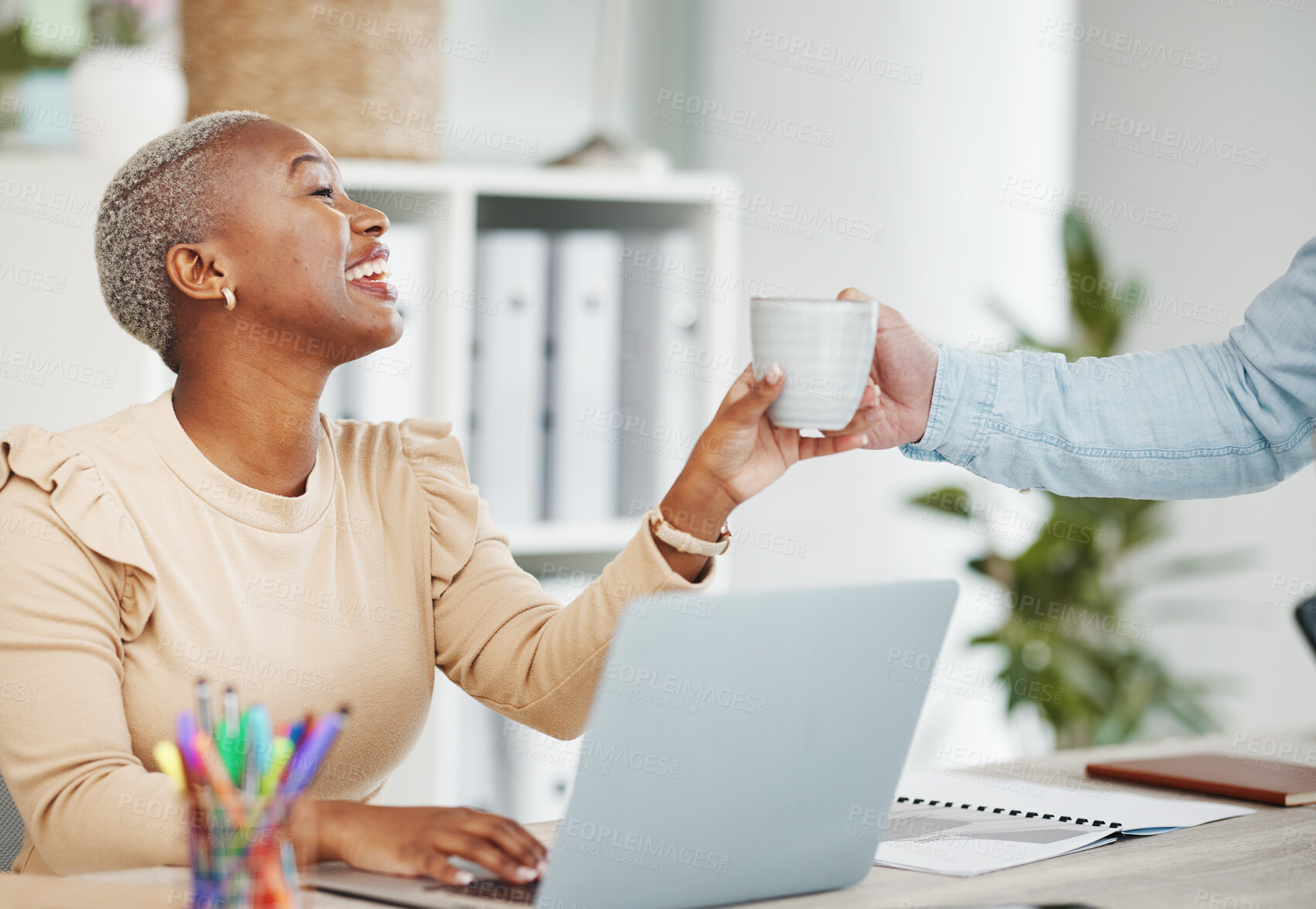Buy stock photo Coffee, laptop and thank you with a designer black woman at work in her office on a creative project. Computer, drink and gratitude with a happy female employee taking a break while working on design
