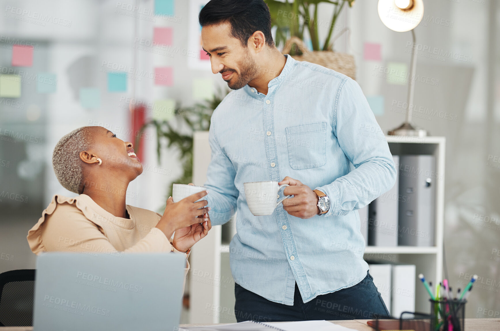 Buy stock photo Coffee, laugh and friends with business people in office for support, lunch break and relax. Networking, communication and social with man and black woman for conversation, happy and discussion