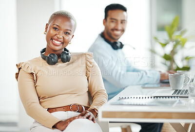 Buy stock photo Portrait, business smile and black woman in office with coworker and pride for career or profession. Boss, headphones and happy, confident and proud African female entrepreneur with success mindset.