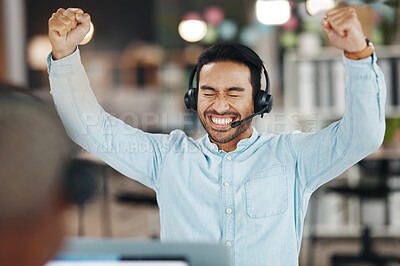 Buy stock photo Asian man, call center and celebration for winning, bonus or discount sale on laptop in telemarketing at office. Happy and excited male consultant agent in joy for win, victory or bonus on computer