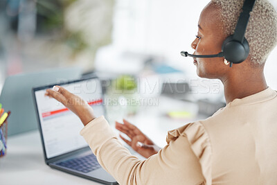 Buy stock photo Black woman, call center and consulting with headphones on laptop for customer service or support at office desk. African American female consultant agent talking on computer with headset for advice