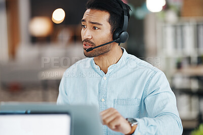 Buy stock photo Customer service, office headset and man talking on telemarketing communication, contact us CRM or ERP telecom. Male ecommerce consultant, call center support or tech support consulting on microphone
