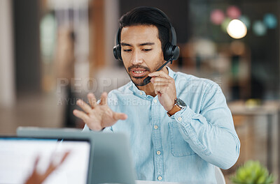 Buy stock photo Asian man, call center and consulting with headphones on laptop in customer service or desktop support at office. Male consultant agent talking with headset on PC for telemarketing or online advice
