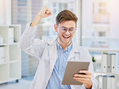 Buy stock photo Success, medical and tablet with doctor in hospital and cheering for celebration, report or achievement. Winner, research and technology with man reading good news for healthcare, medicine or science