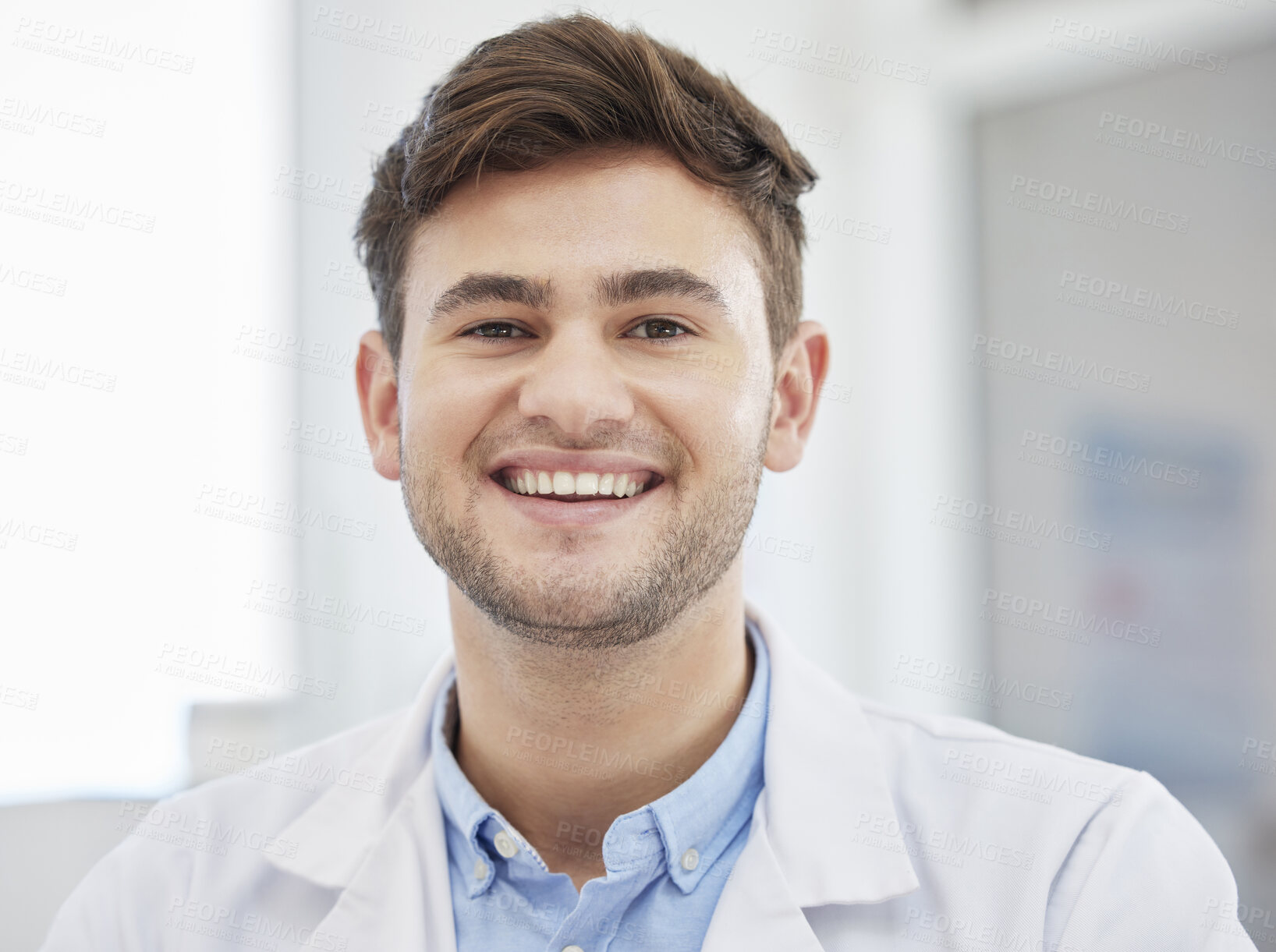 Buy stock photo Smile, doctor face and portrait of man in hospital with crossed arms for wellness, medicine and medical care. Healthcare, insurance and happy health worker in clinic for consulting, trust and support