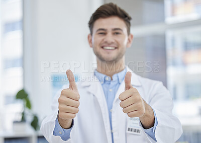 Buy stock photo Medical, thumbs up and portrait of happy doctor with hand gesture or sign excited for good news in a clinic. Young, medicine and man healthcare professional in agreement, thank you and satisfied