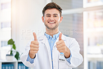 Buy stock photo Medical, thank you and thumbs up by doctor in a hospital office feeling happy and excited in a clinic. Support, medicine and portrait of man healthcare professional satisfied in agreement with health
