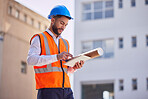 Tablet, outdoor and engineering man, construction worker or building contractor with urban design planning on software. Architecture, city and builder on digital technology with blueprint management