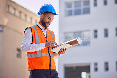 Buy stock photo Tablet, outdoor and engineering man, construction worker or building contractor with urban design planning on software. Architecture, city and builder on digital technology with blueprint management