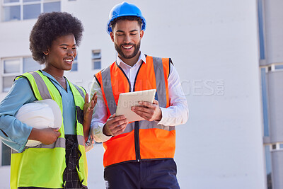 Buy stock photo Engineering, tablet and teamwork with people on construction site for inspection, planning or project management. Architecture, buildings and designer with man and black woman in city for development