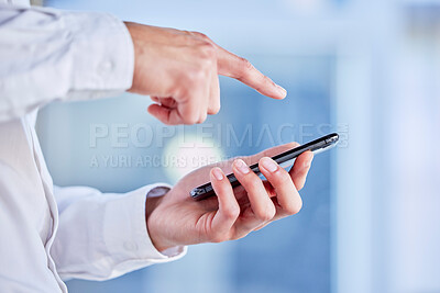 Buy stock photo Hands, phone and touchscreen with a business man in his office, closeup for communication or networking. Mobile, contact and internet with a male employee typing a text message or making a call