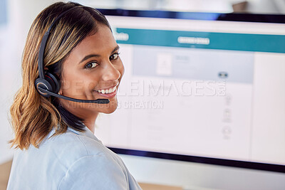 Buy stock photo Contact us, call center or portrait of happy woman by computer screen in communications company. Friendly smile, crm or face of insurance sales agent working online in technical or customer support