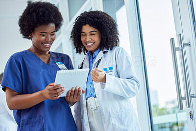 Buy stock photo Tablet, medicine or collaboration with a doctor and nurse talking in the hospital while doing research. healthcare, teamwork and trust with professional medical colleagues working in a clinic
