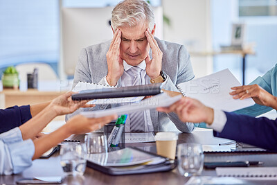 Buy stock photo Businessman in meeting with headache pain, burnout or stress with mental health emergency in work office. Senior company manager with anxiety, hands and frustrated with migraine problems or fatigue