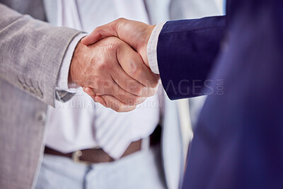 Buy stock photo Closeup, business and handshake with employees, staff and collaboration in workplace, success and agreement. Zoom, hands or coworkers with partnership, greeting and welcome with support or solidarity