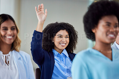 Buy stock photo Business woman, presentation and question for idea, answer or FAQ in team meeting from audience in seminar. Female employee with hands raised in staff training, planning or strategy in crowd workshop
