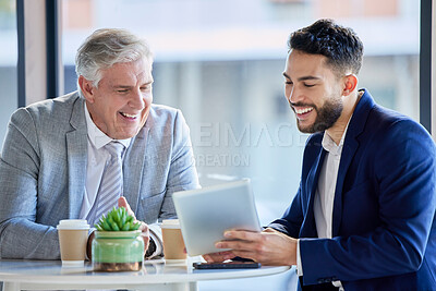 Buy stock photo Business people, tablet and laughing on break for funny joke, meme or social media at the office. Businessman showing senior CEO fun idea with laugh for team building or collaboration on touchscreen