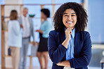 Portrait, misvisionsion and mindset with a business black woman in her office, standing on chin for future thinking. Face, mission and idea with a female employee looking confident in company success